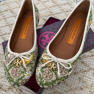 Tory Burch T Monogram Charm Canvas Leather Embroidered Ballet Flats